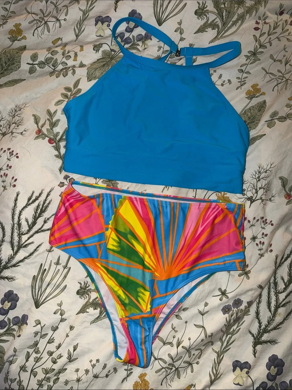 Bright Blue Bikini Top with Colorful High-Waist Bottoms